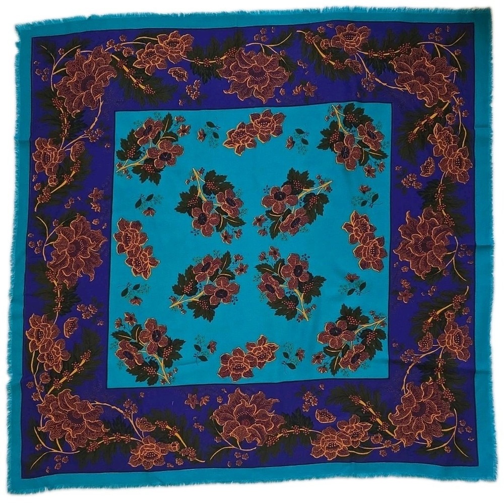 Vintage Challis by Berkshire Floral Scarf Boho Square Fringe Shawl Japan